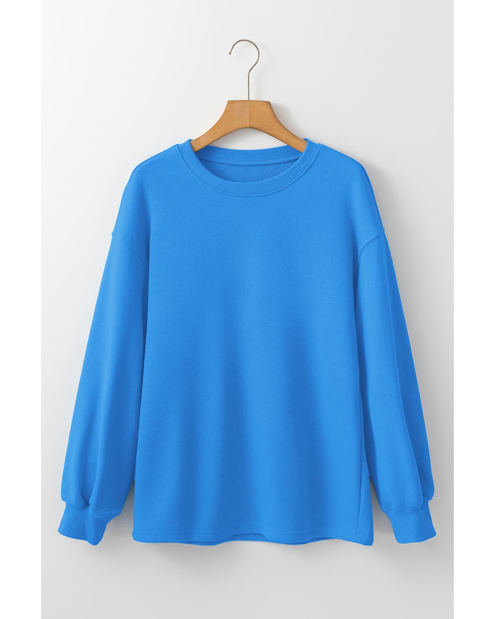 Sky Blue Solid Color Drop Shoulder Long Sleeve Basic Sweatshirt - Image 7