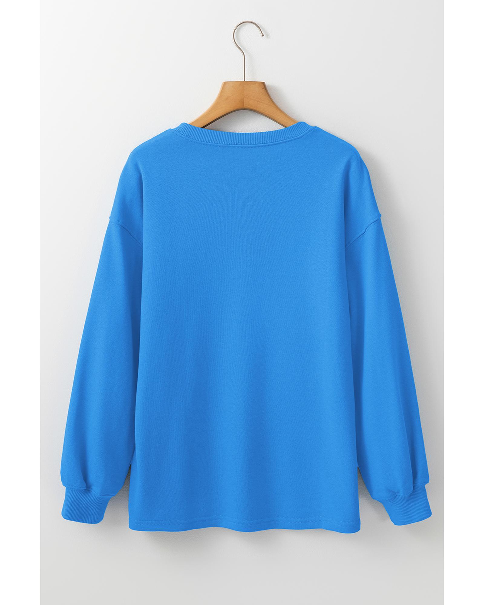 Sky Blue Solid Color Drop Shoulder Long Sleeve Basic Sweatshirt - Image 8