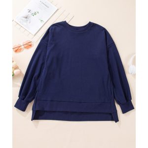 Navy Blue Solid O Neck High Low Hem Pullover Sweatshirt