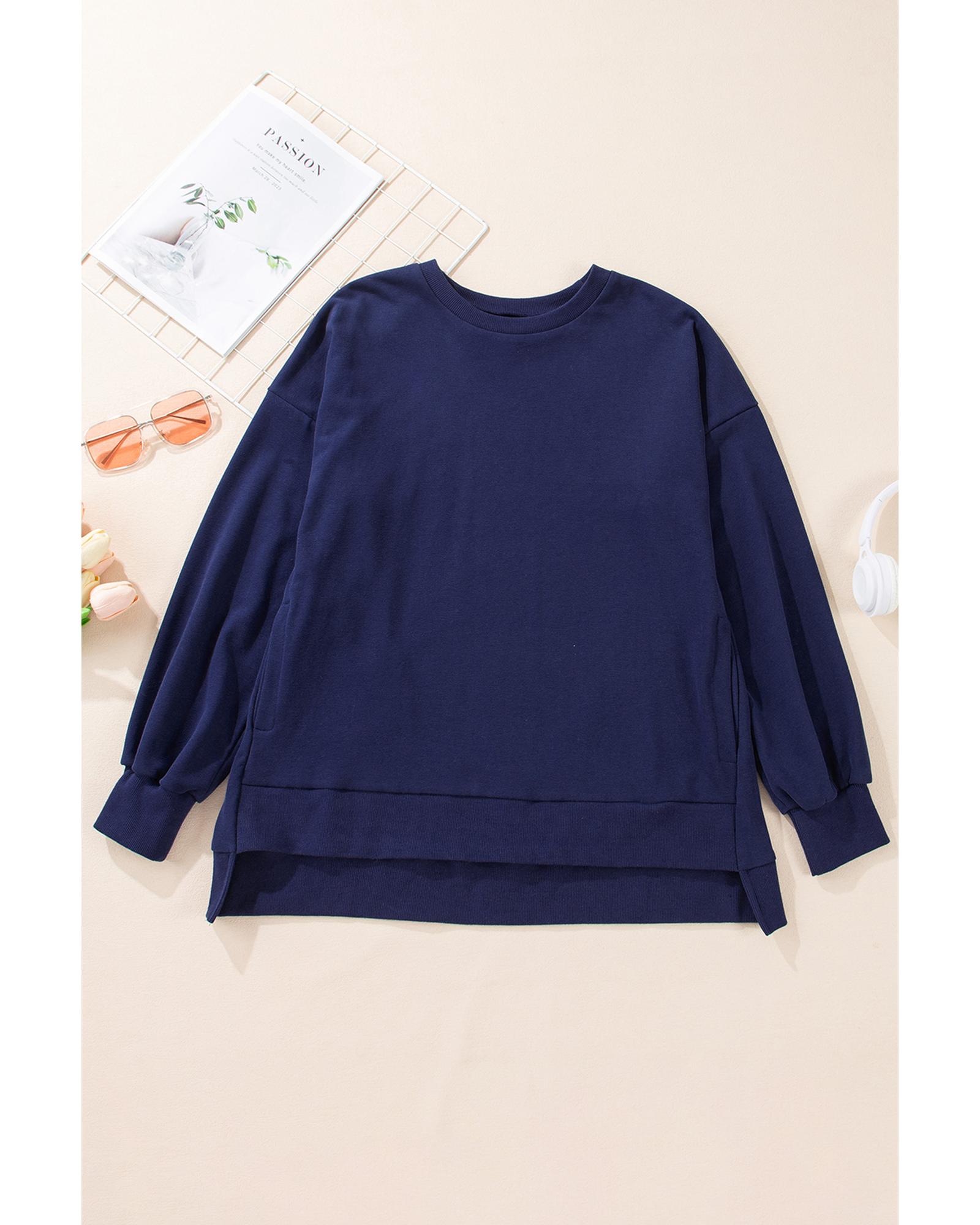 Navy Blue Solid O Neck High Low Hem Pullover Sweatshirt