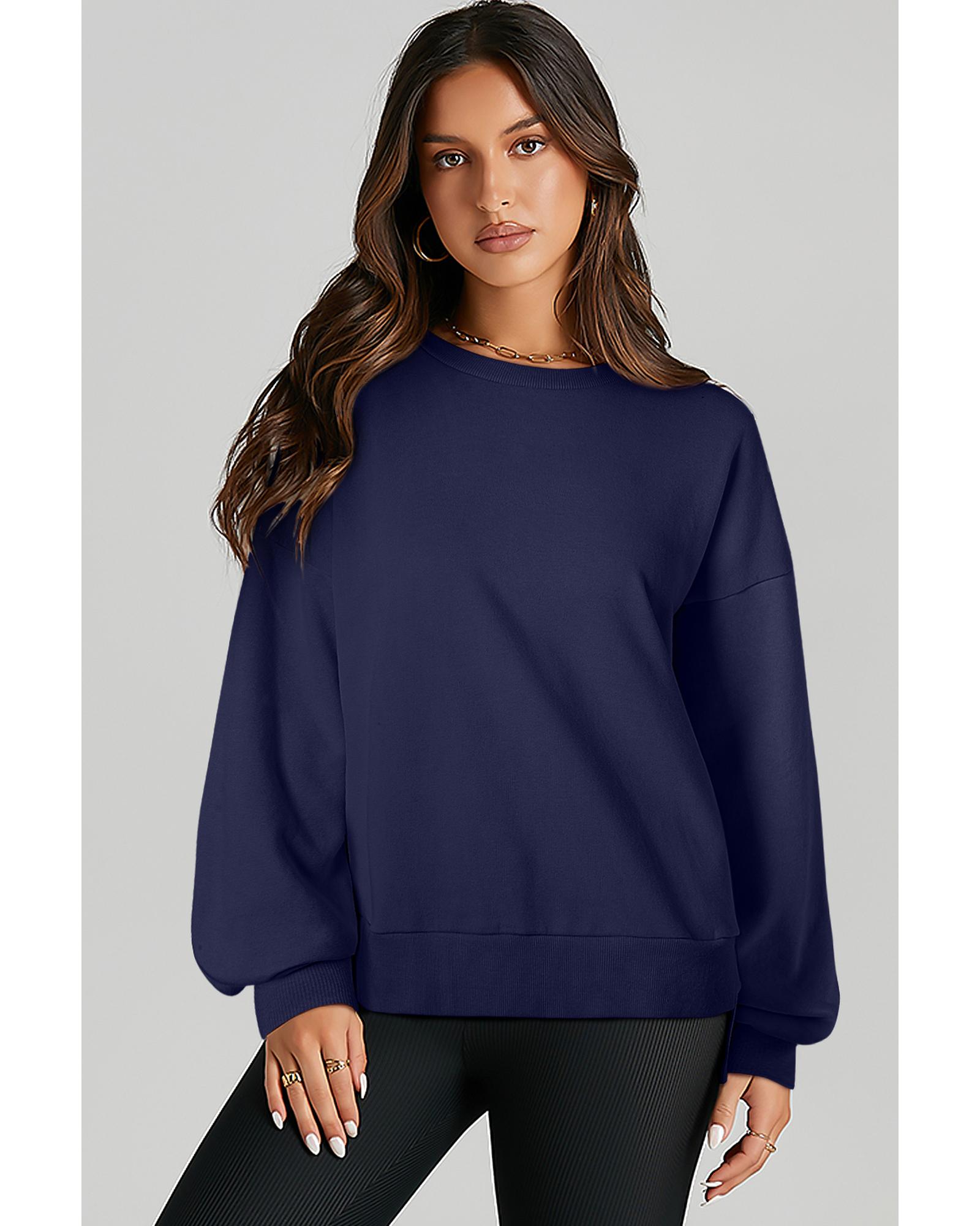 Navy Blue Solid O Neck High Low Hem Pullover Sweatshirt - Image 2