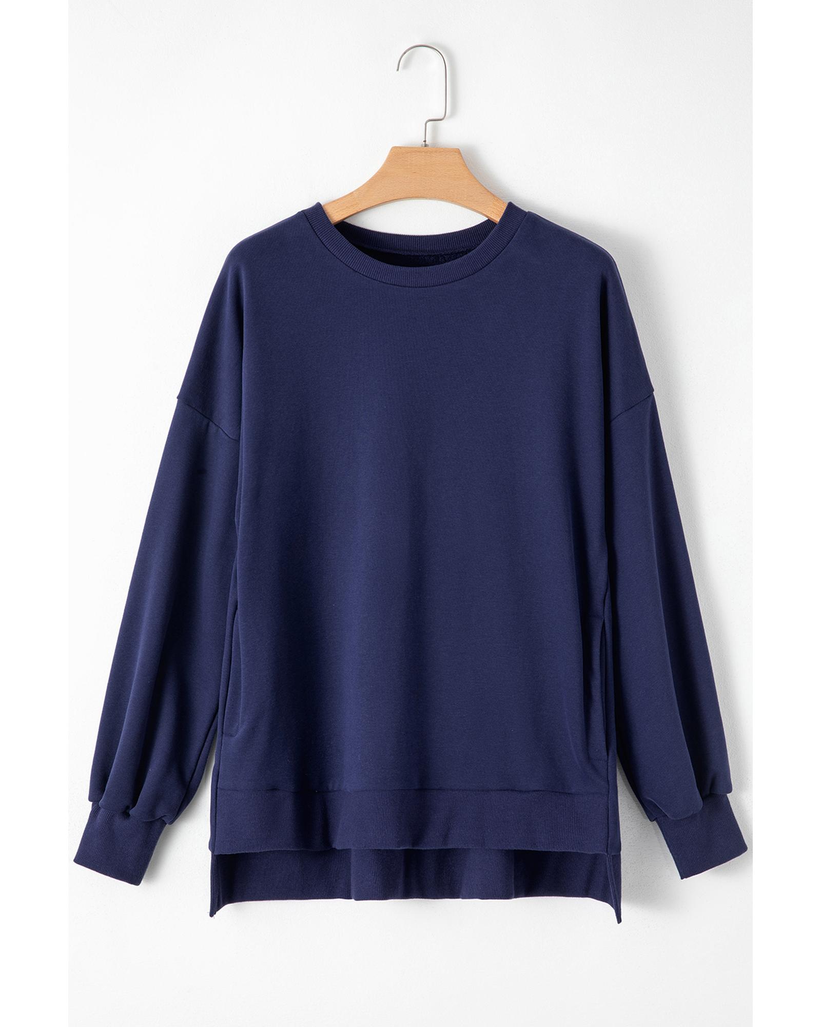 Navy Blue Solid O Neck High Low Hem Pullover Sweatshirt - Image 3