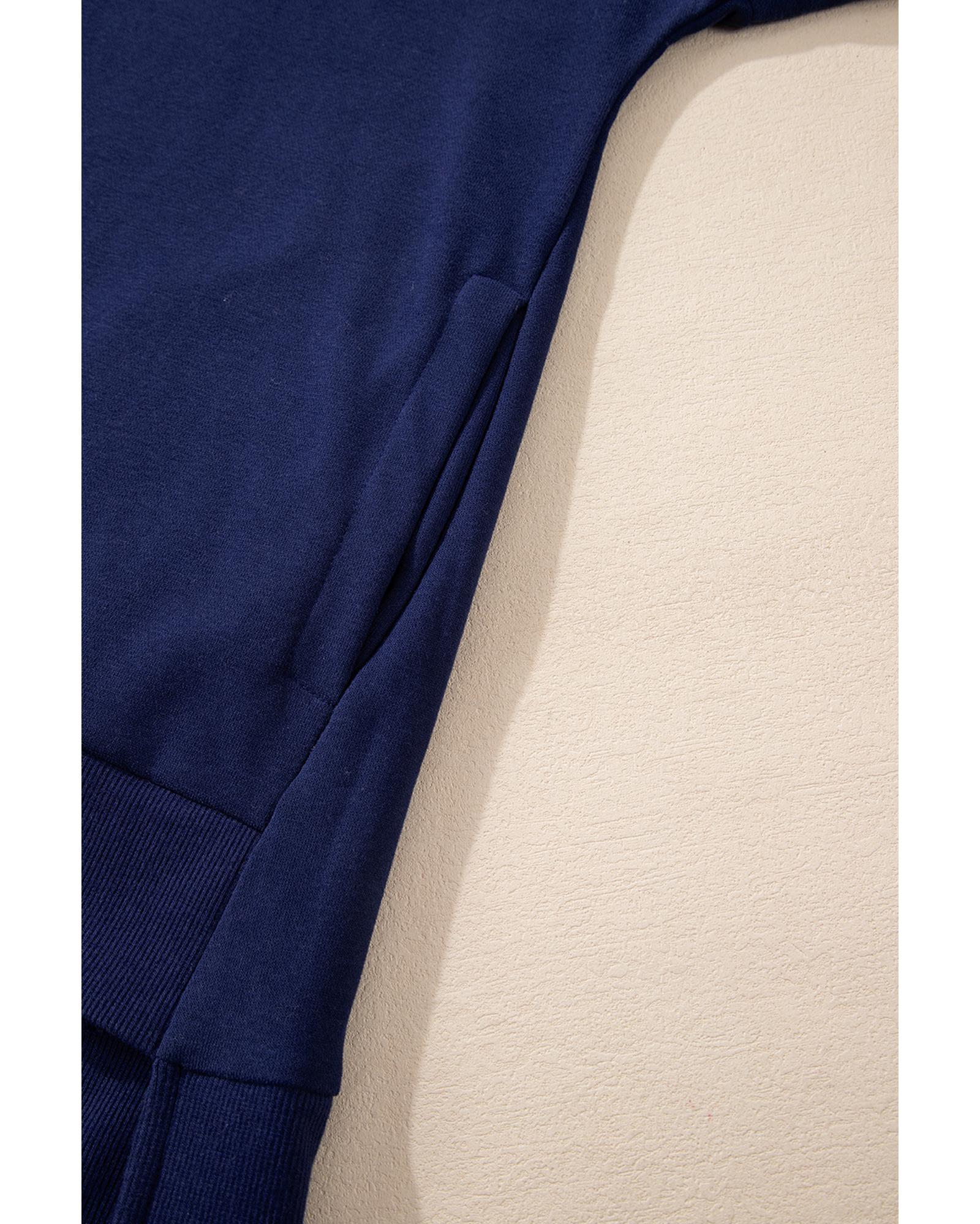 Navy Blue Solid O Neck High Low Hem Pullover Sweatshirt - Image 4