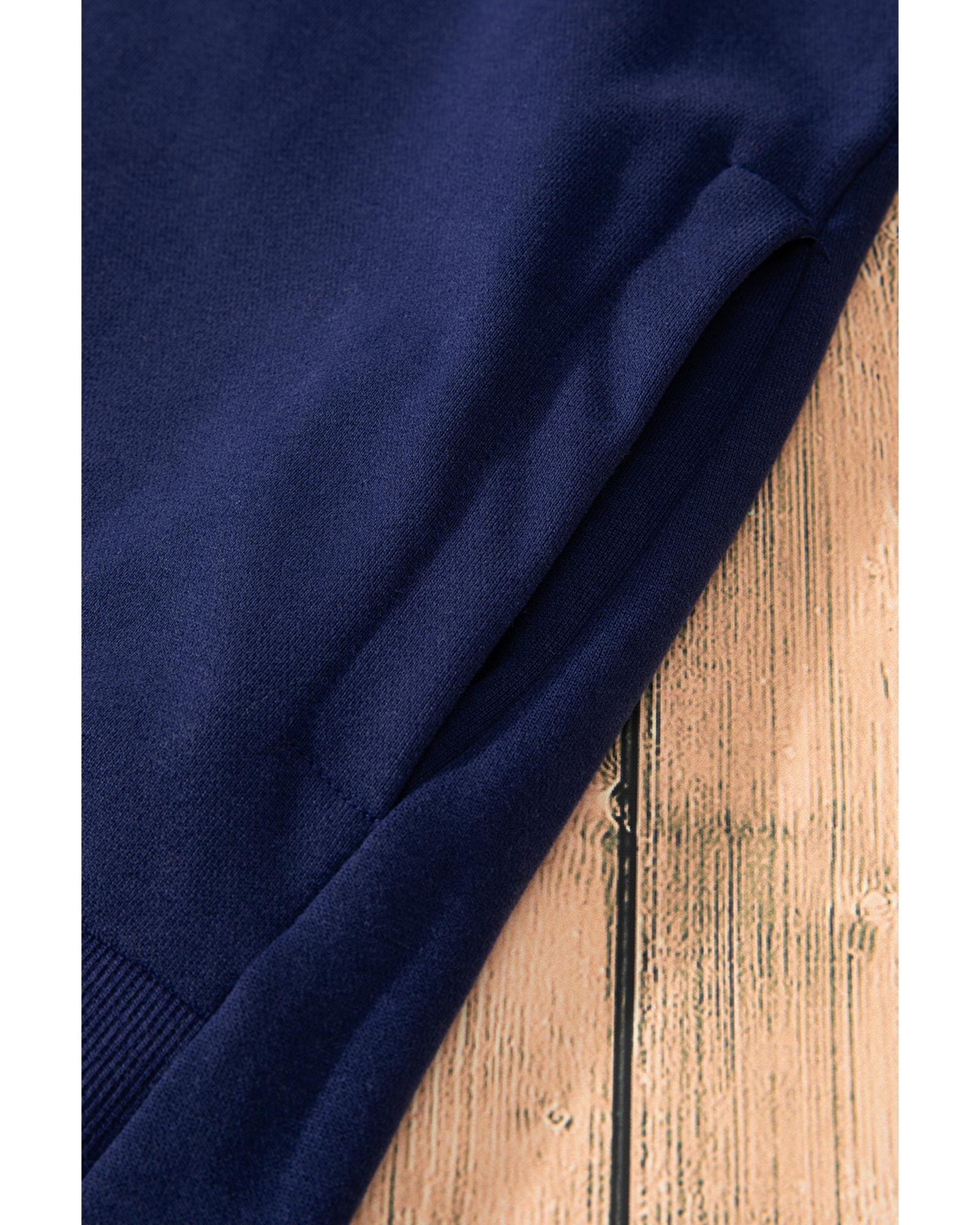 Navy Blue Solid O Neck High Low Hem Pullover Sweatshirt - Image 6