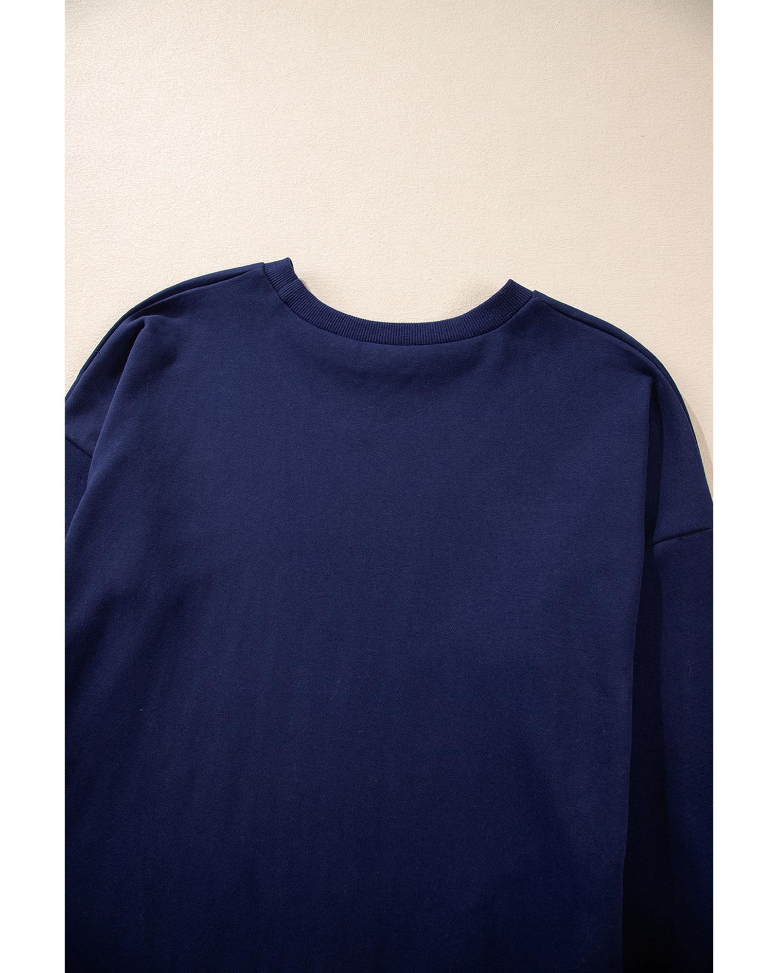 Navy Blue Solid O Neck High Low Hem Pullover Sweatshirt - Image 7
