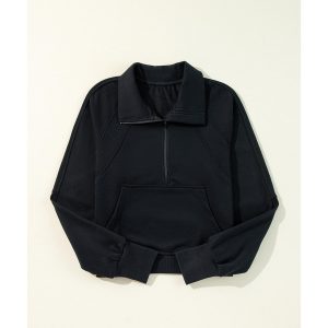 Black Quarter Zip Stand Neck Kangaroo Pocket Sweatshirt