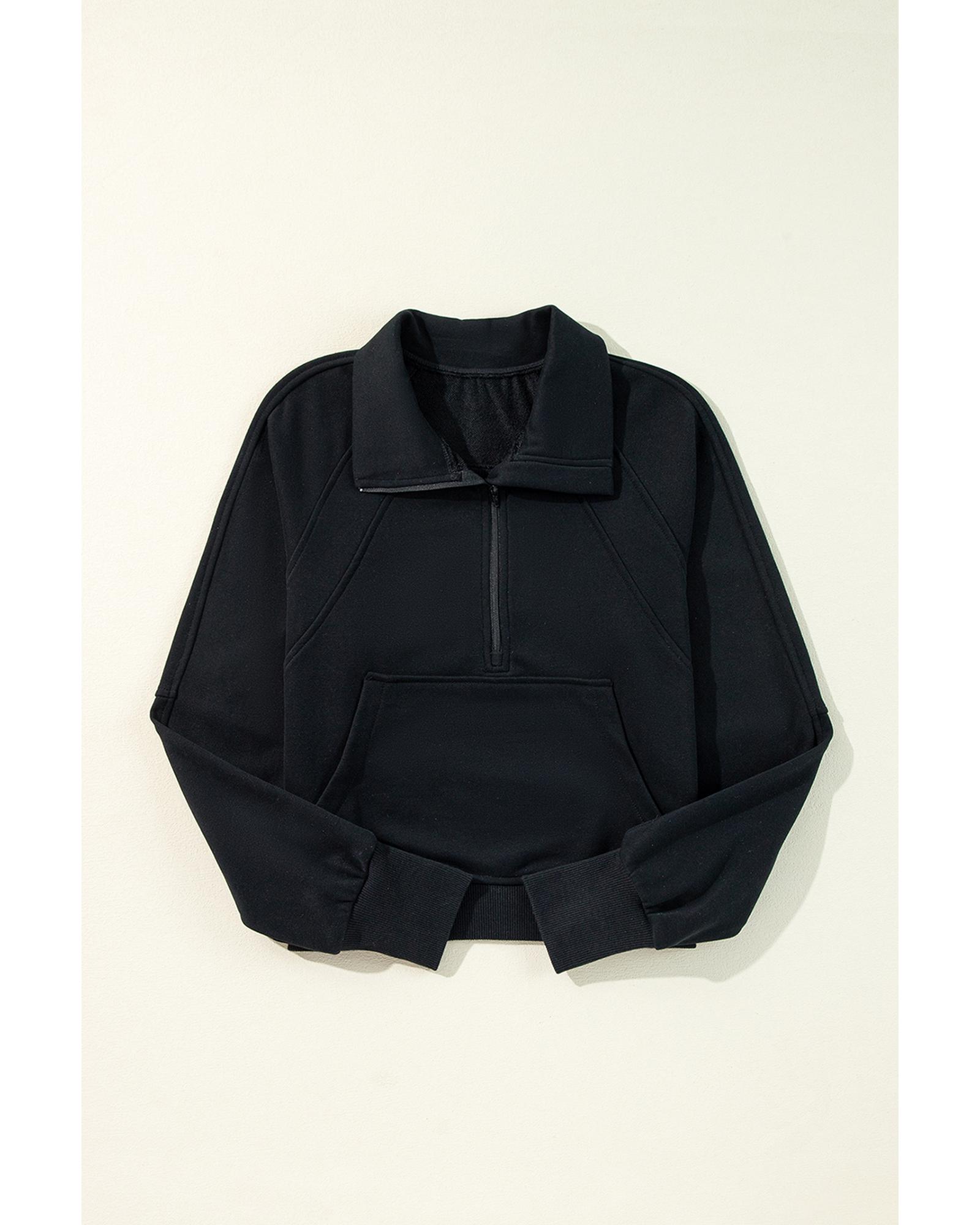 Black Quarter Zip Stand Neck Kangaroo Pocket Sweatshirt