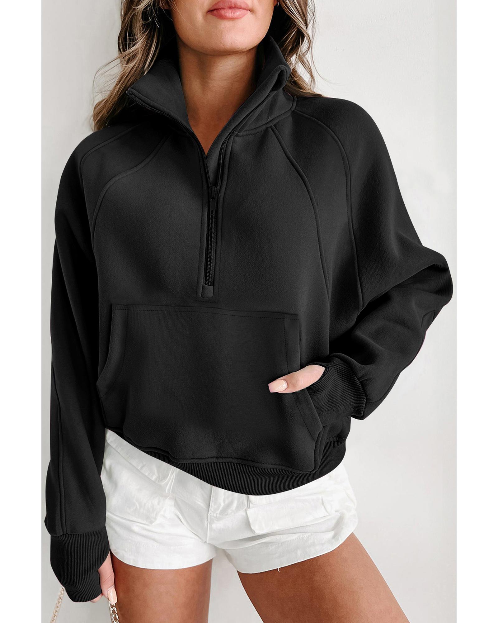 Black Quarter Zip Stand Neck Kangaroo Pocket Sweatshirt - Image 6