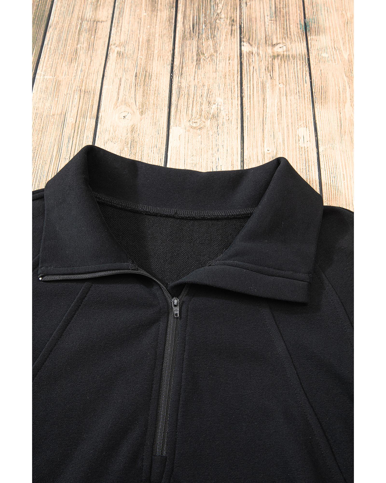 Black Quarter Zip Stand Neck Kangaroo Pocket Sweatshirt - Image 7