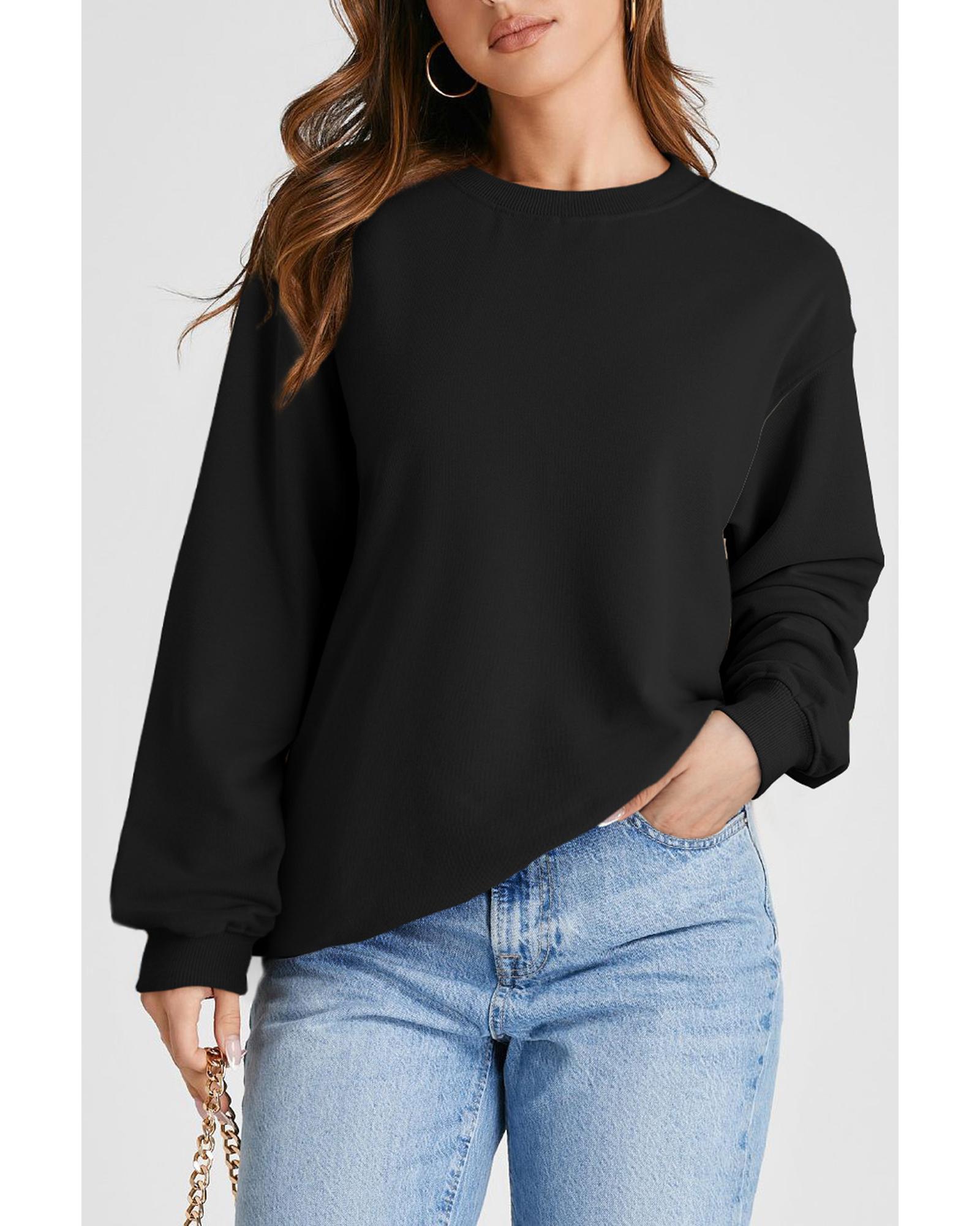 Black Plain Drop Shoulder Crewneck Pullover Sweatshirt