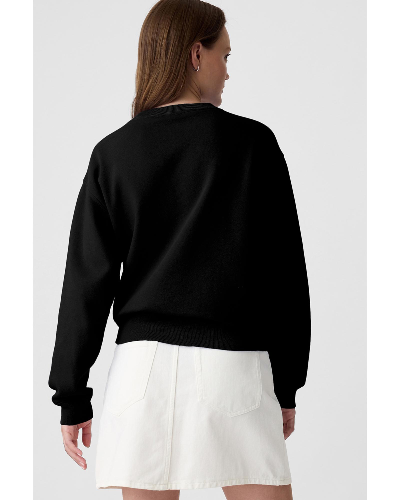 Black Plain Drop Shoulder Crewneck Pullover Sweatshirt - Image 2