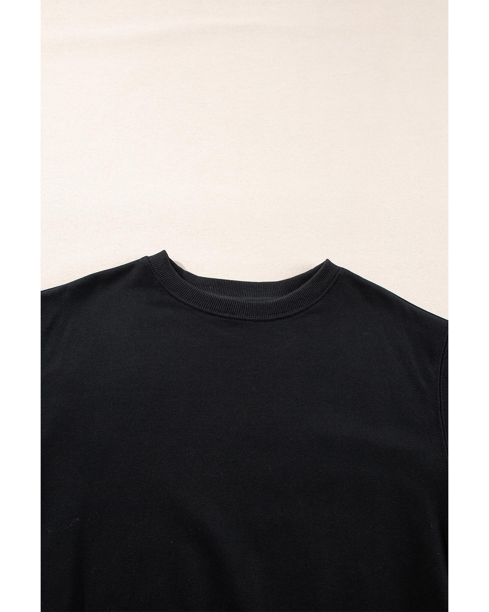 Black Plain Drop Shoulder Crewneck Pullover Sweatshirt - Image 3