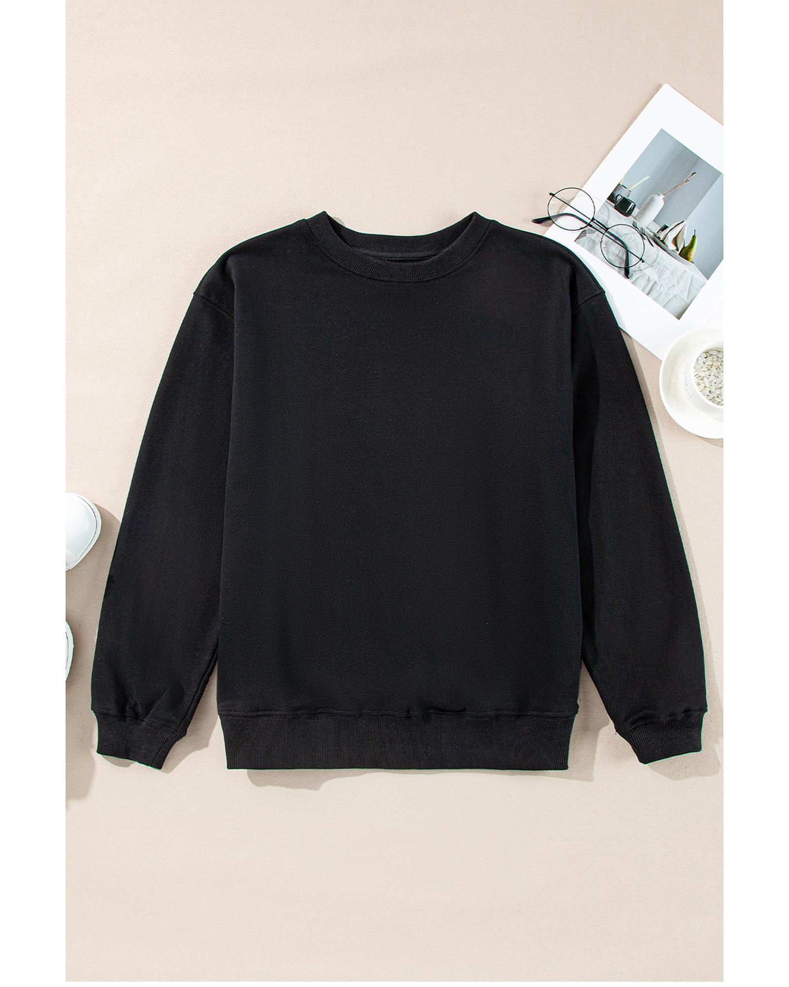 Black Plain Drop Shoulder Crewneck Pullover Sweatshirt - Image 6