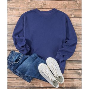 Navy Blue Plain Drop Shoulder Crewneck Pullover Sweatshirt