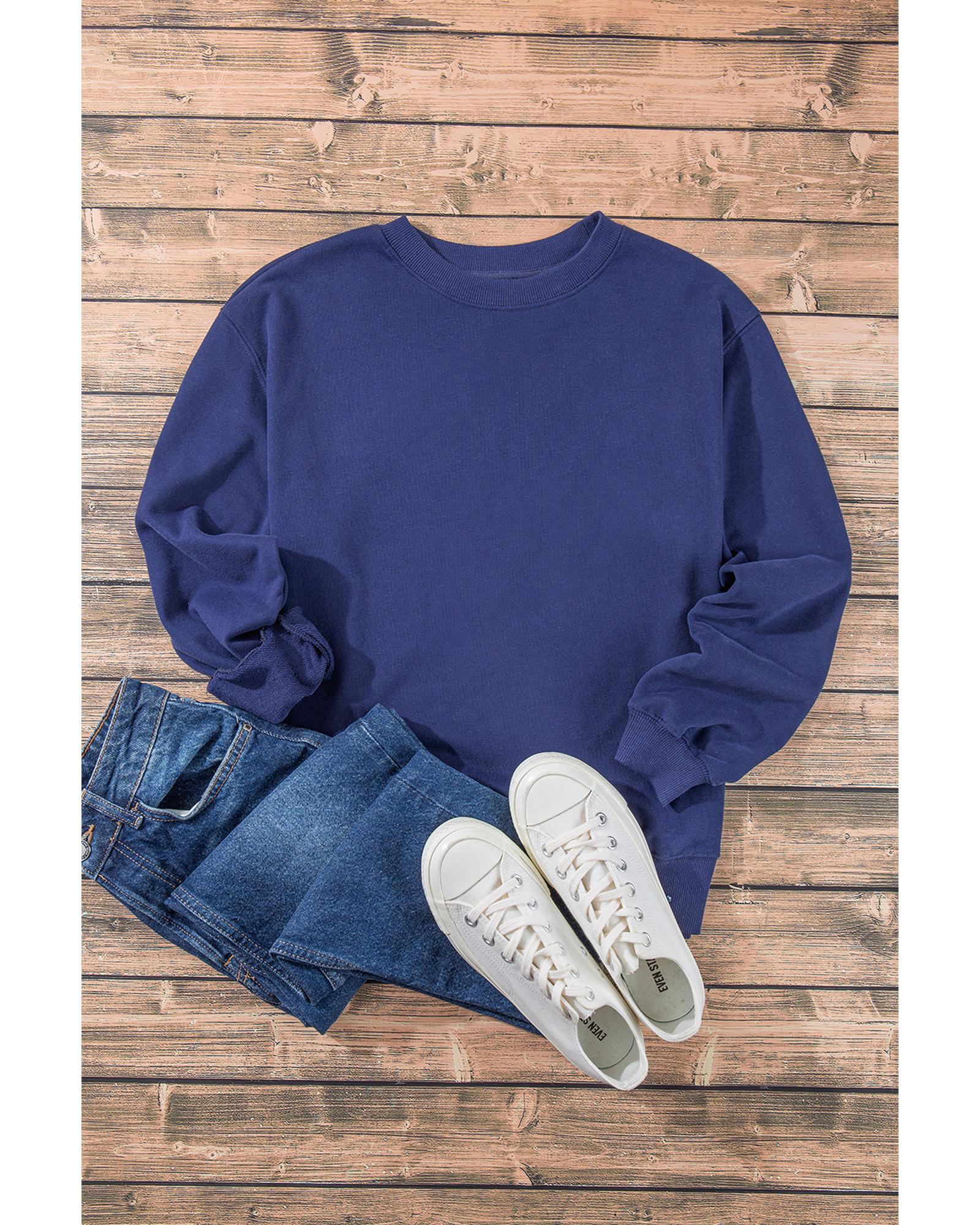 Navy Blue Plain Drop Shoulder Crewneck Pullover Sweatshirt