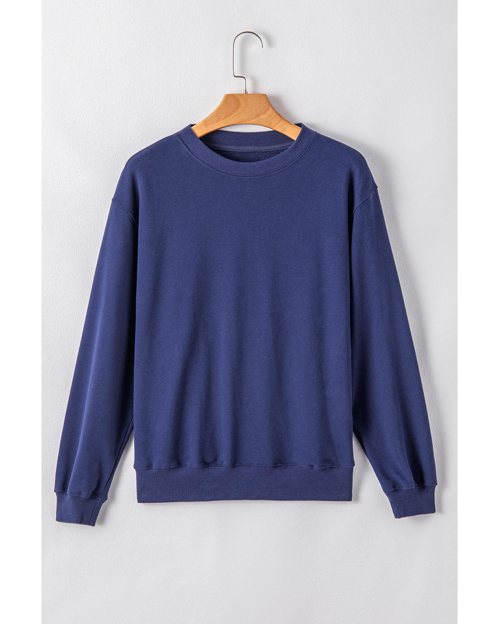 Navy Blue Plain Drop Shoulder Crewneck Pullover Sweatshirt - Image 3