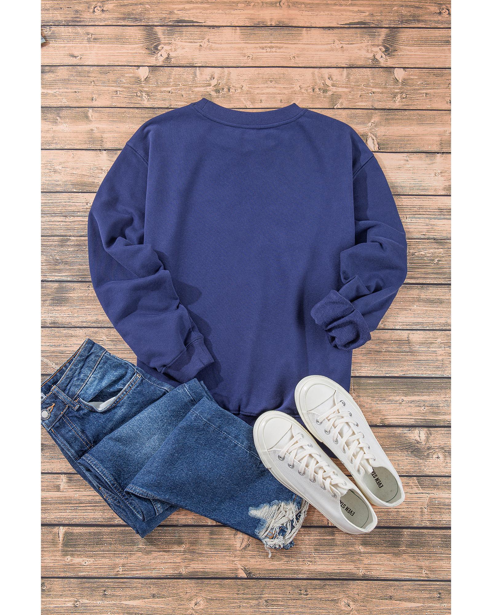 Navy Blue Plain Drop Shoulder Crewneck Pullover Sweatshirt - Image 4