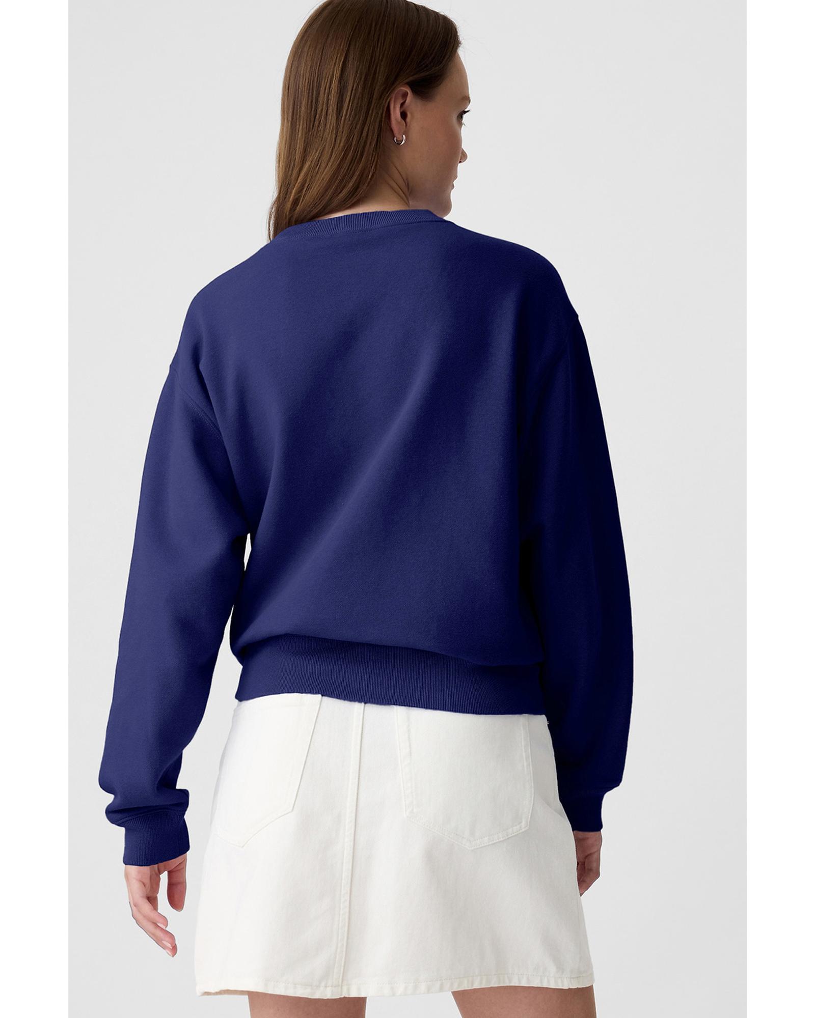 Navy Blue Plain Drop Shoulder Crewneck Pullover Sweatshirt - Image 6