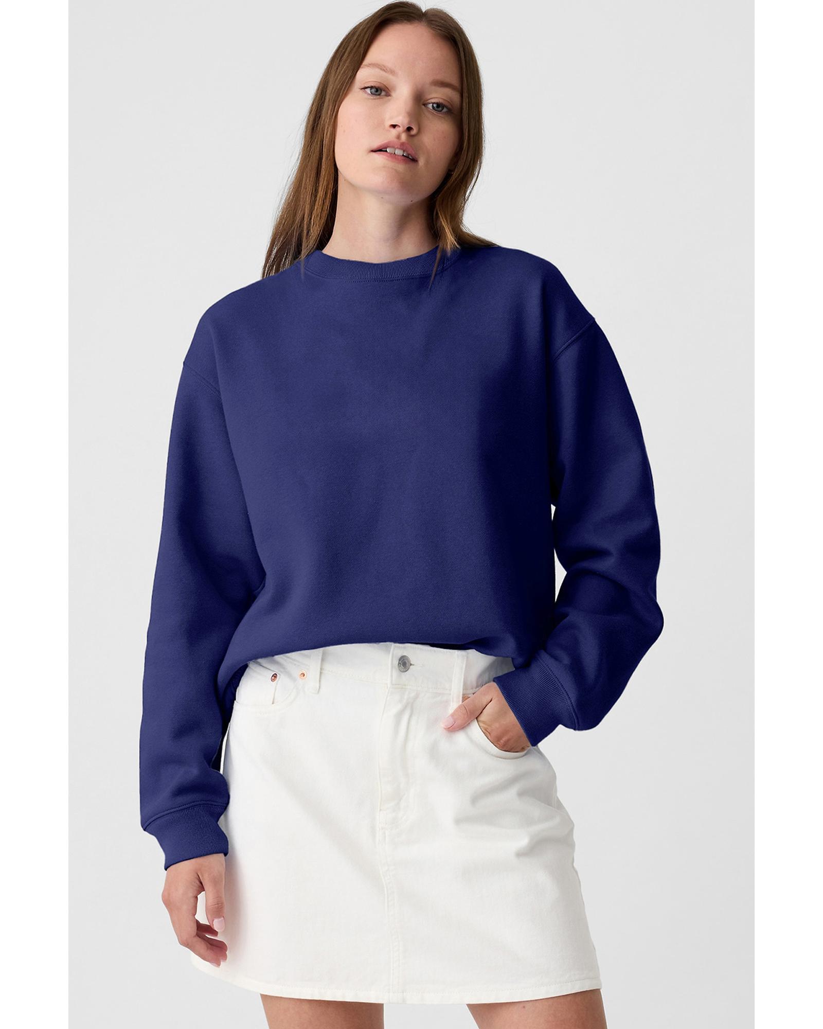 Navy Blue Plain Drop Shoulder Crewneck Pullover Sweatshirt - Image 7