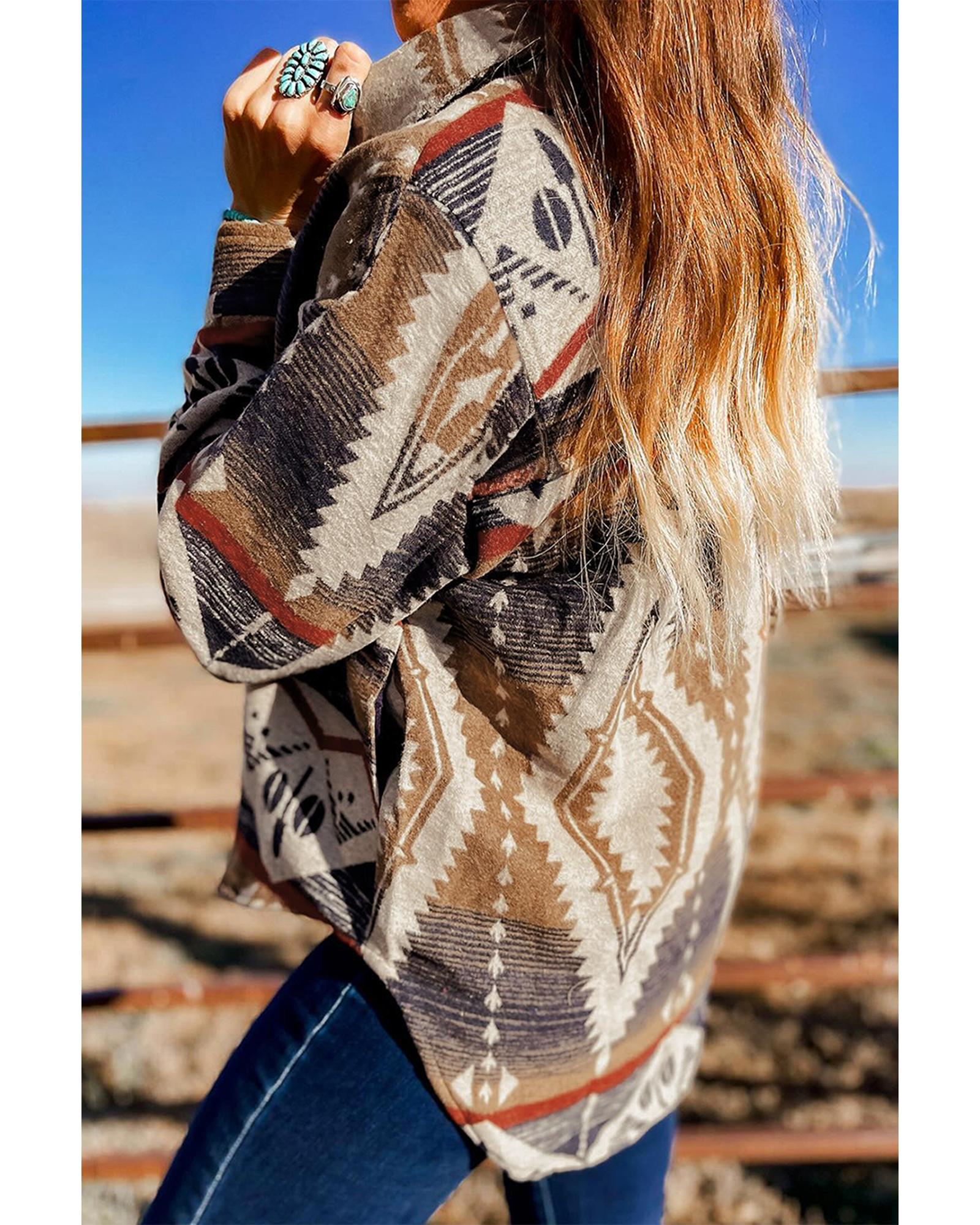 Brown Western Aztec Collared Button-up Sweatshirt - Image 2