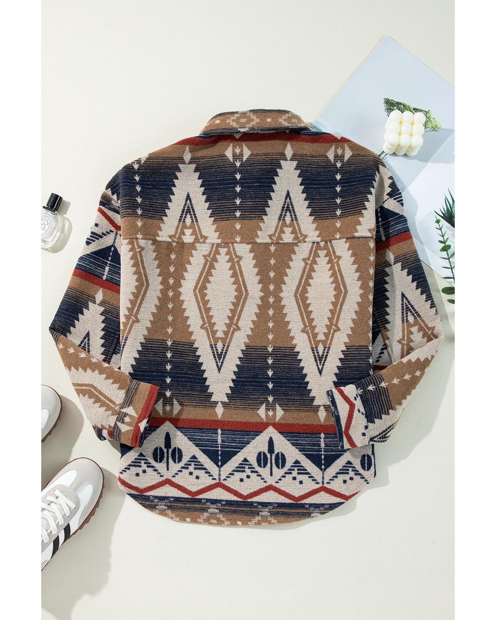 Brown Western Aztec Collared Button-up Sweatshirt - Image 6