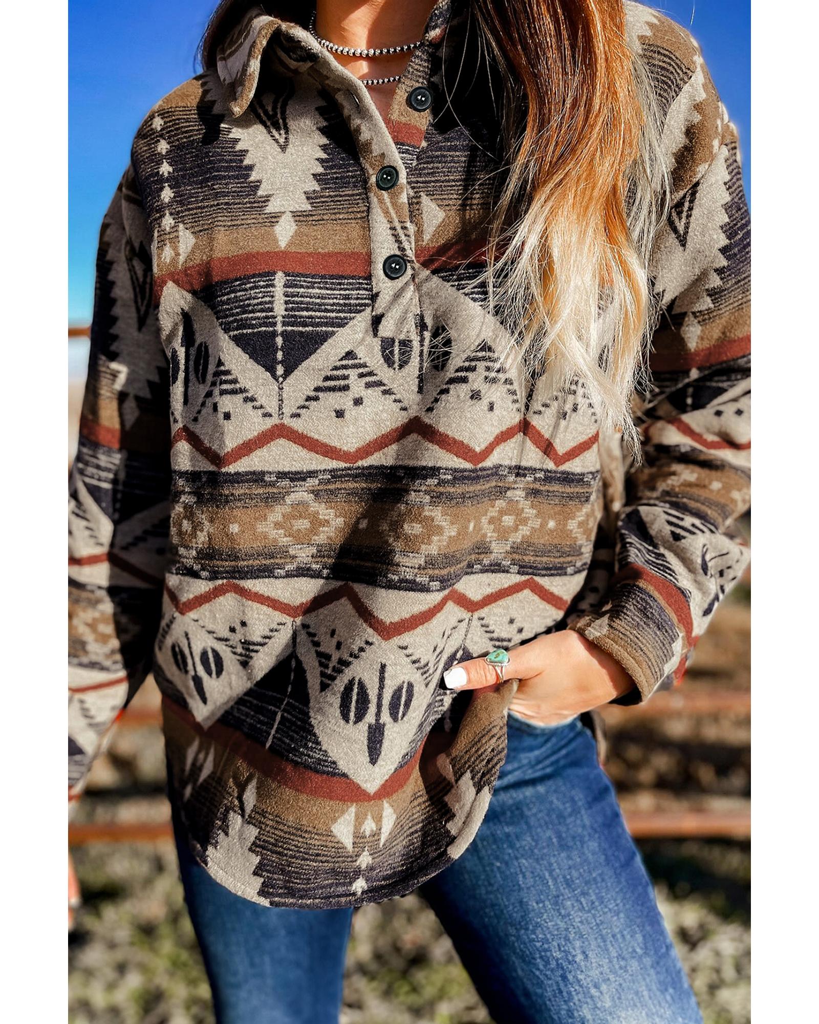 Brown Western Aztec Collared Button-up Sweatshirt - Image 8
