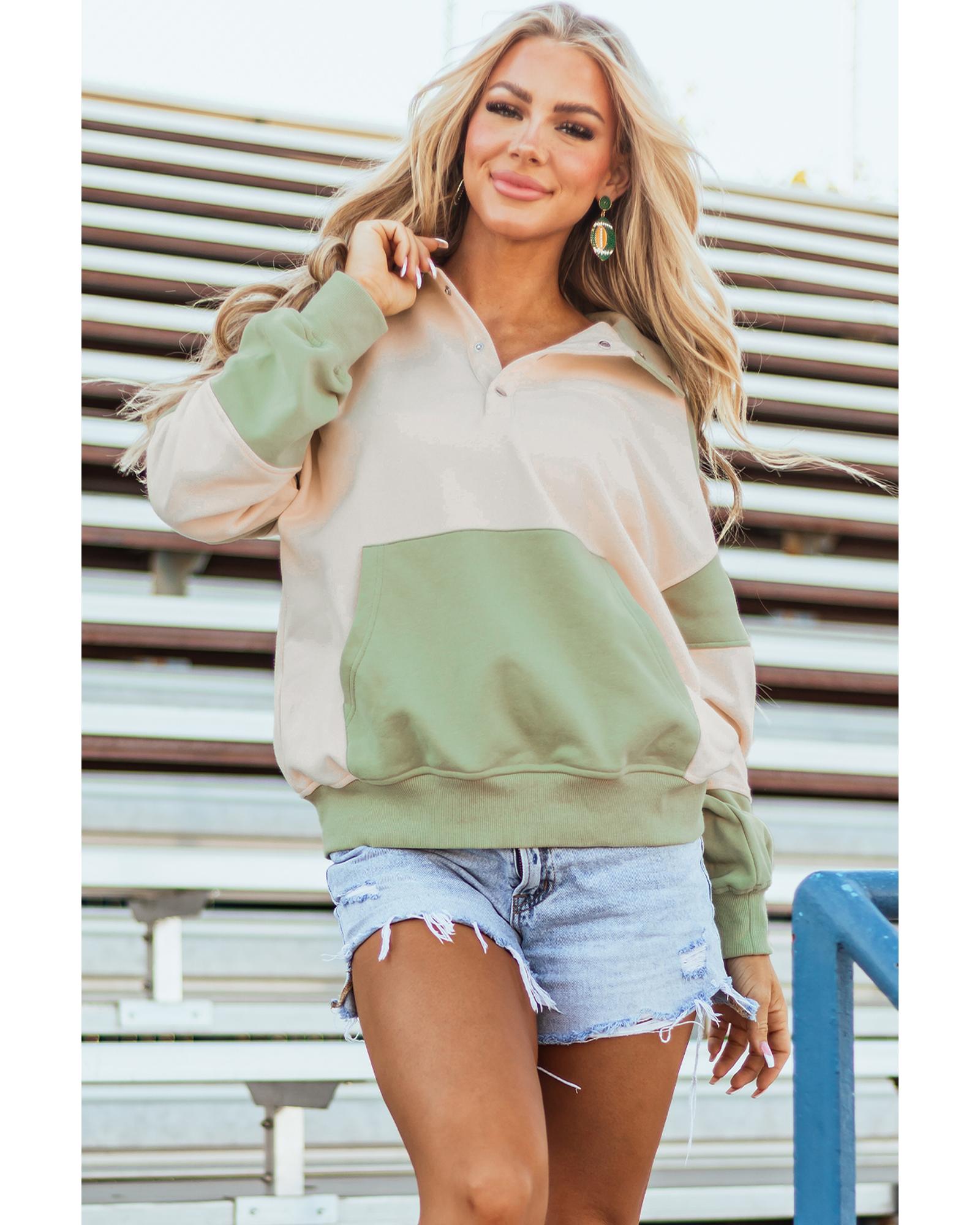 Laurel Green Colorblock Patchwork Buttoned Collar Kangaroo Pocket Sweatshirt - Image 7