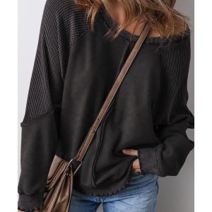 Black Solid Waffle Knit Patchwork Raglan Sleeve Sweatshirt