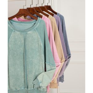 Light French Beige Solid Waffle Knit Patchwork Raglan Sleeve Sweatshirt