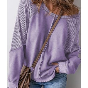Orchid Petal Solid Waffle Knit Patchwork Raglan Sleeve Sweatshirt