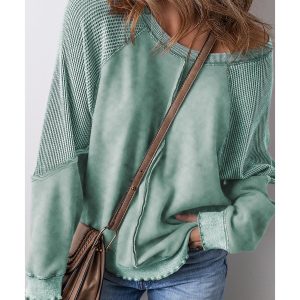 Mineral Blue Solid Waffle Knit Patchwork Raglan Sleeve Sweatshirt