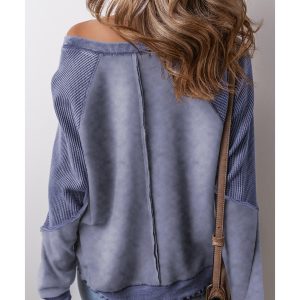 Sail Blue Solid Waffle Knit Patchwork Raglan Sleeve Sweatshirt