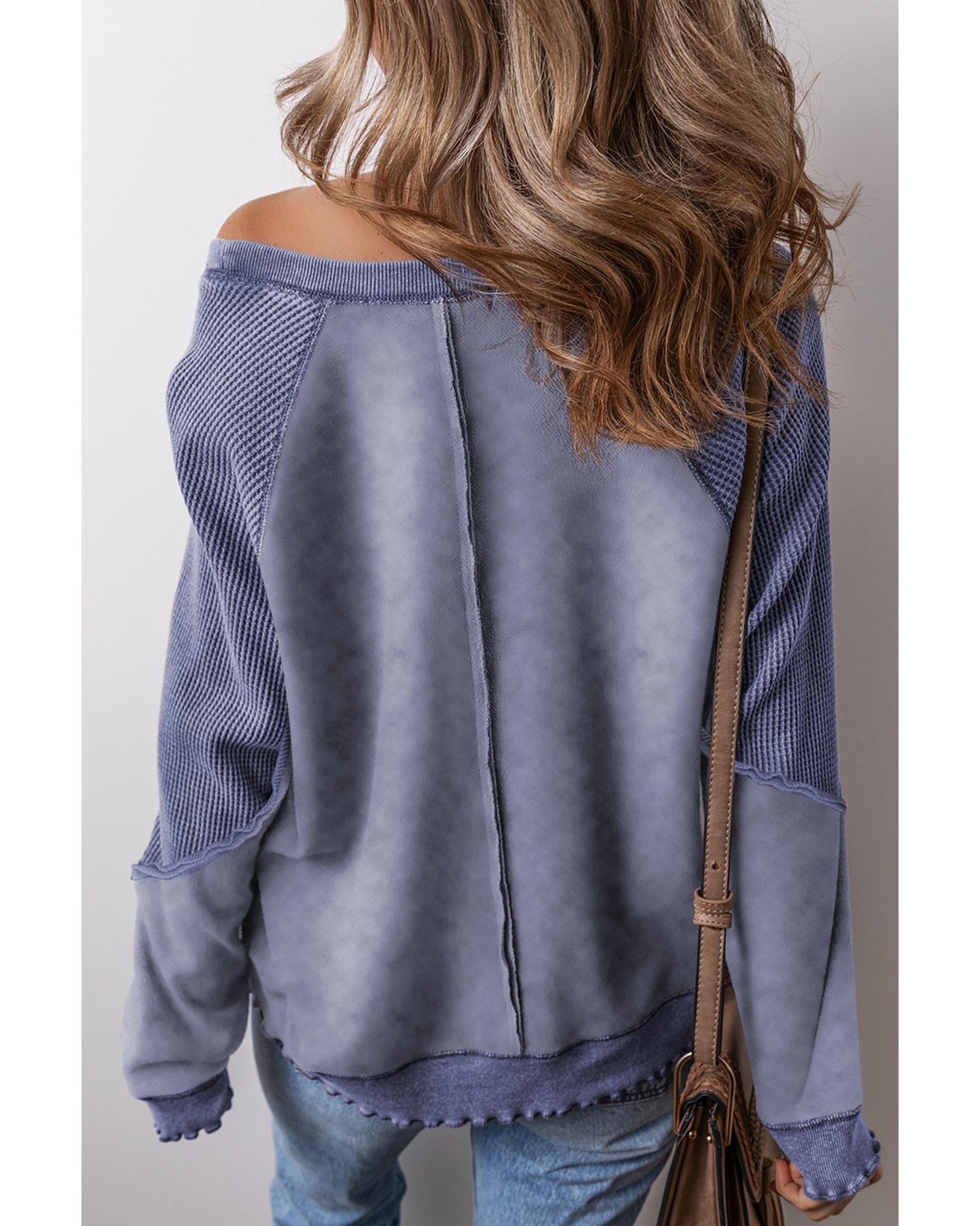 Sail Blue Solid Waffle Knit Patchwork Raglan Sleeve Sweatshirt