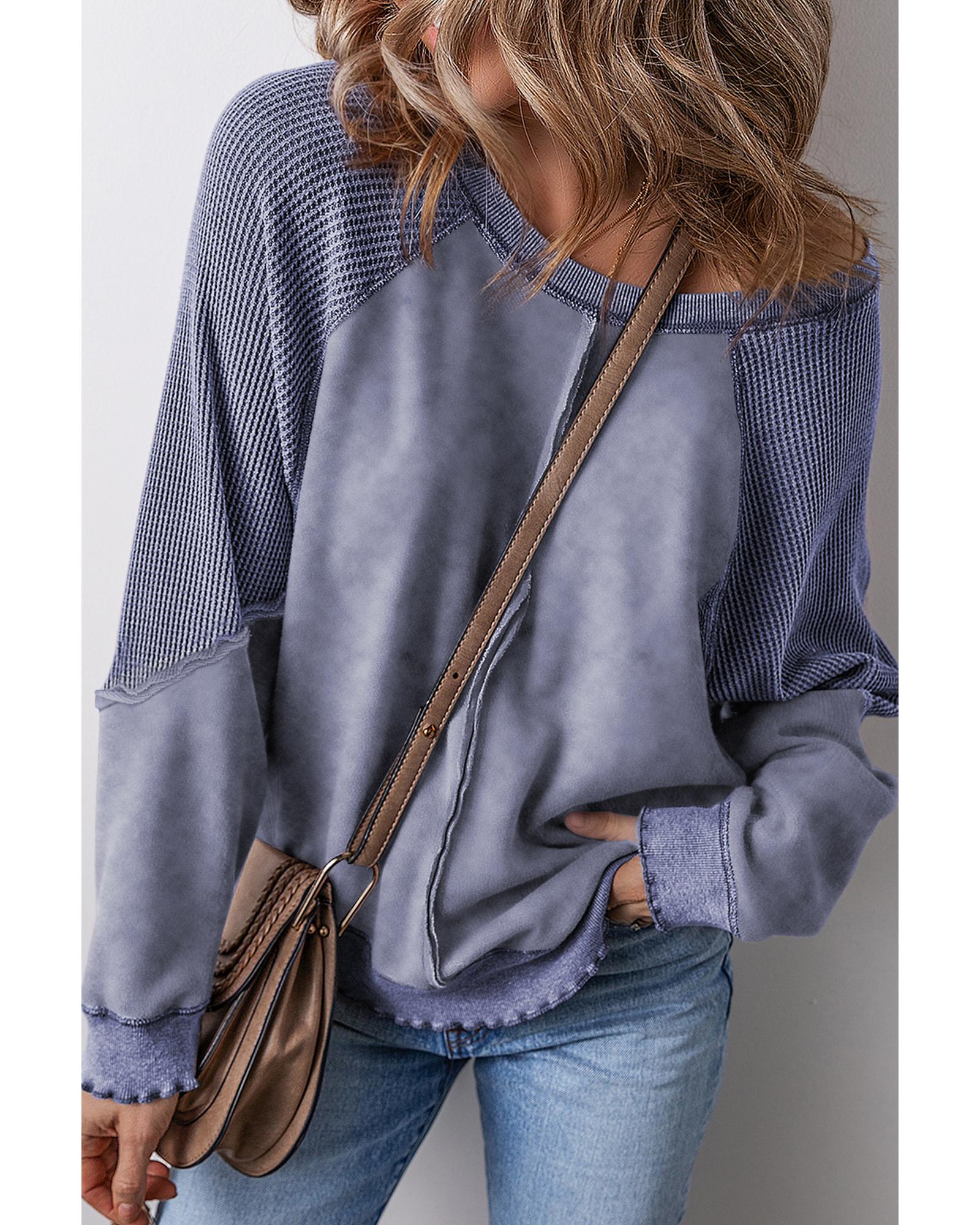 Sail Blue Solid Waffle Knit Patchwork Raglan Sleeve Sweatshirt - Image 3