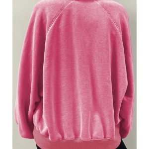 Pink Solid Snap Buttons Collared Balloon Sleeve Oversized Sweatshirt