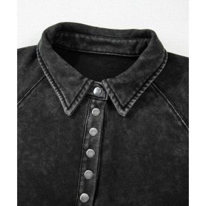 Black Solid Snap Buttons Collared Balloon Sleeve Oversized Sweatshirt