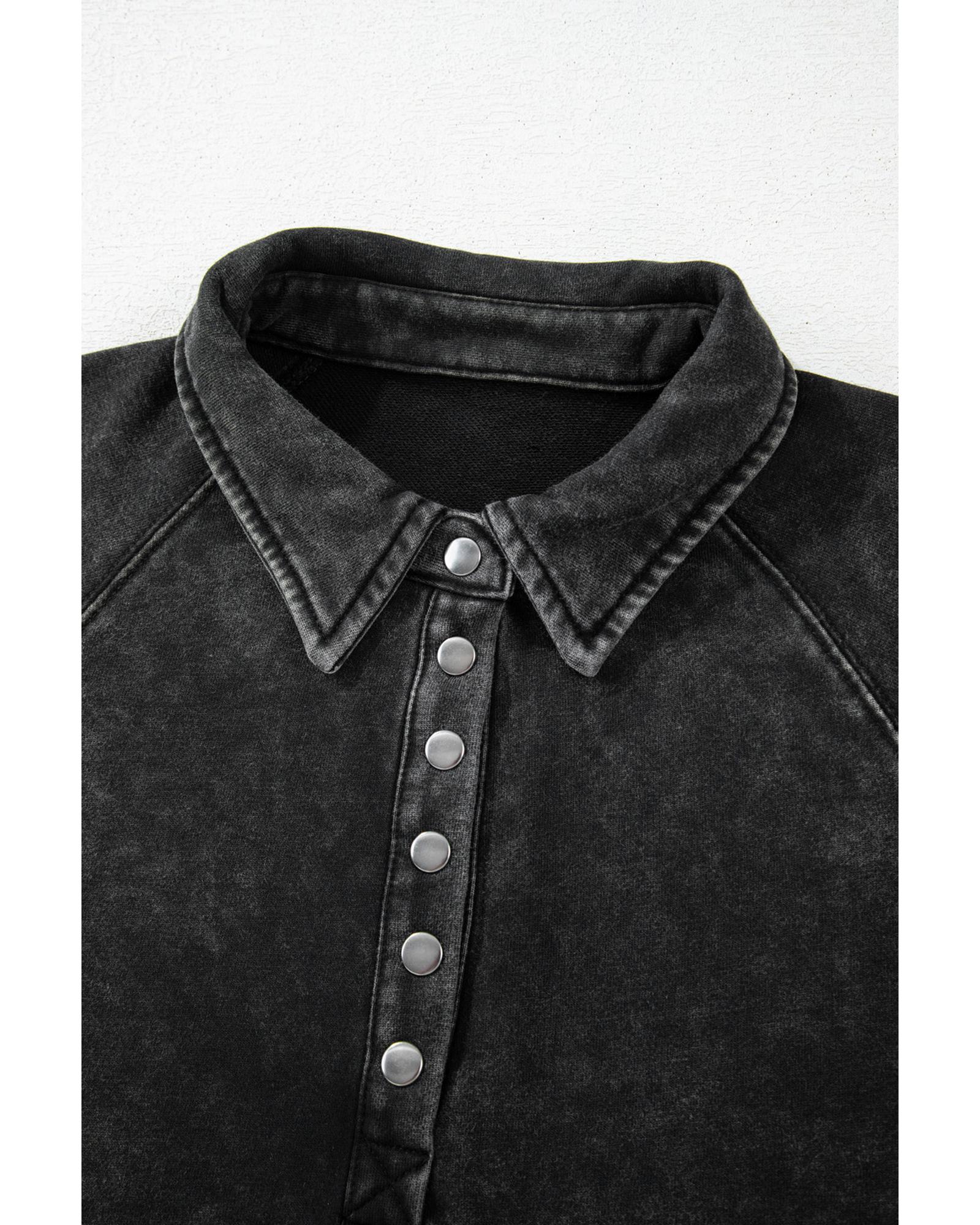 Black Solid Snap Buttons Collared Balloon Sleeve Oversized Sweatshirt