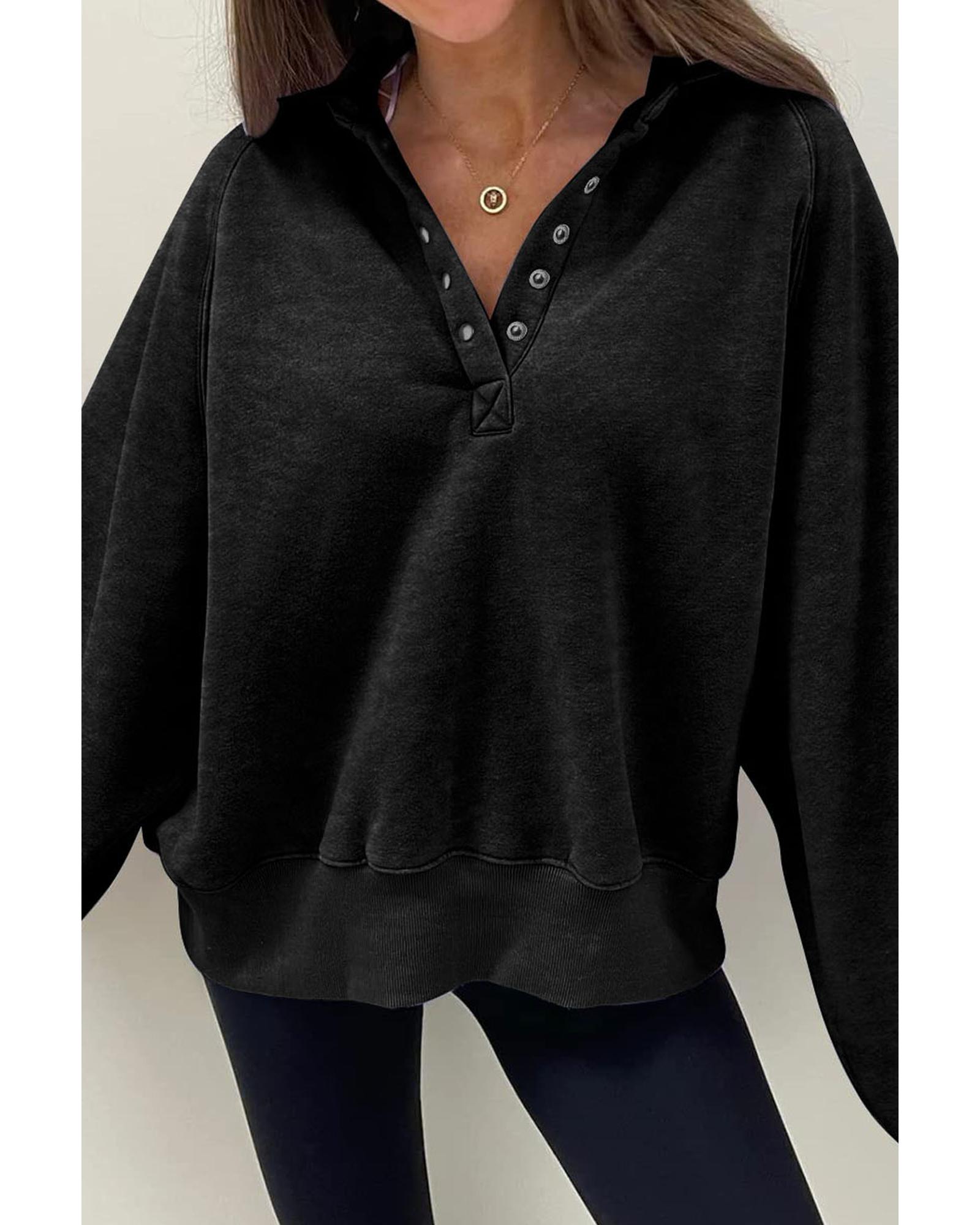 Black Solid Snap Buttons Collared Balloon Sleeve Oversized Sweatshirt - Image 2