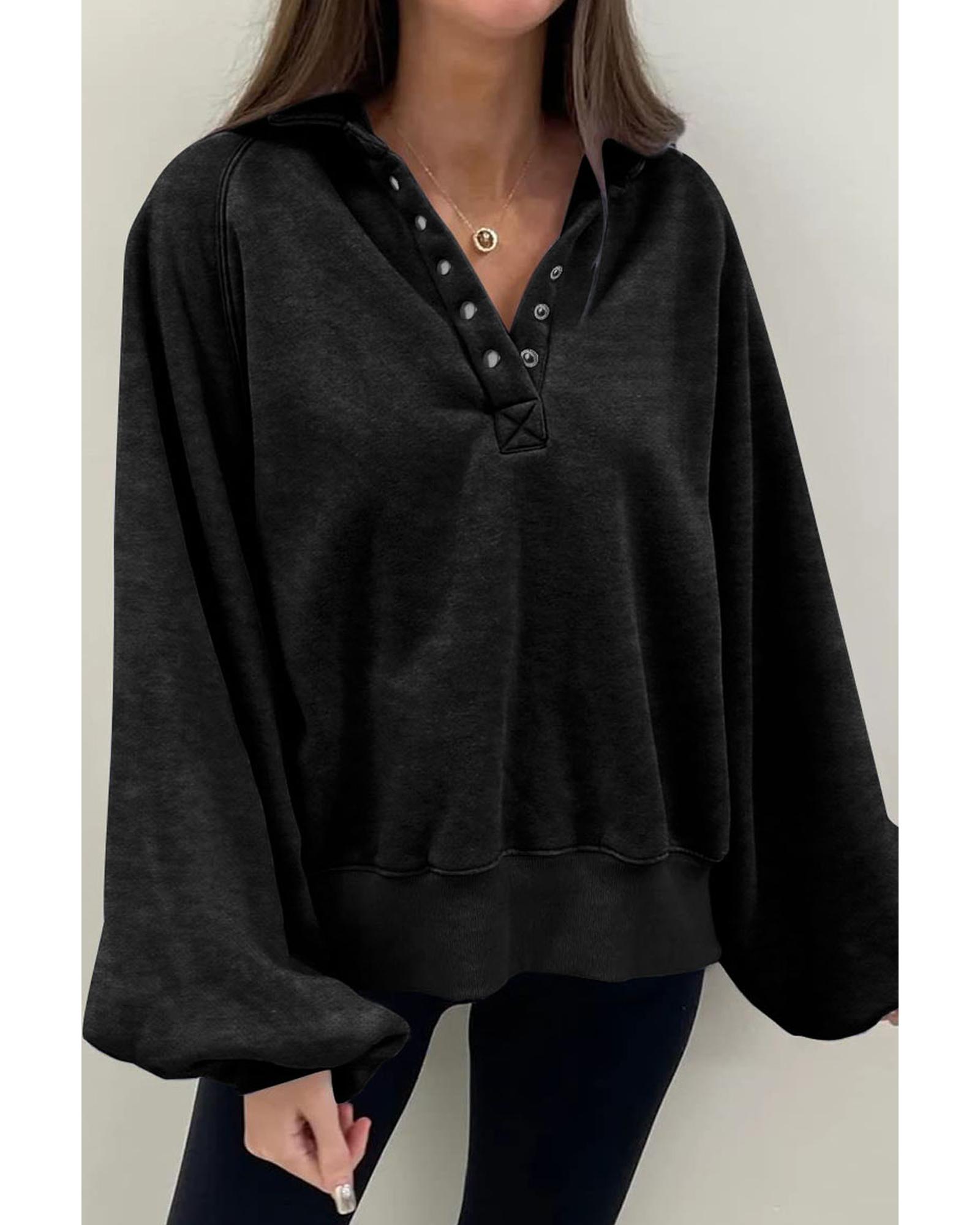 Black Solid Snap Buttons Collared Balloon Sleeve Oversized Sweatshirt - Image 3