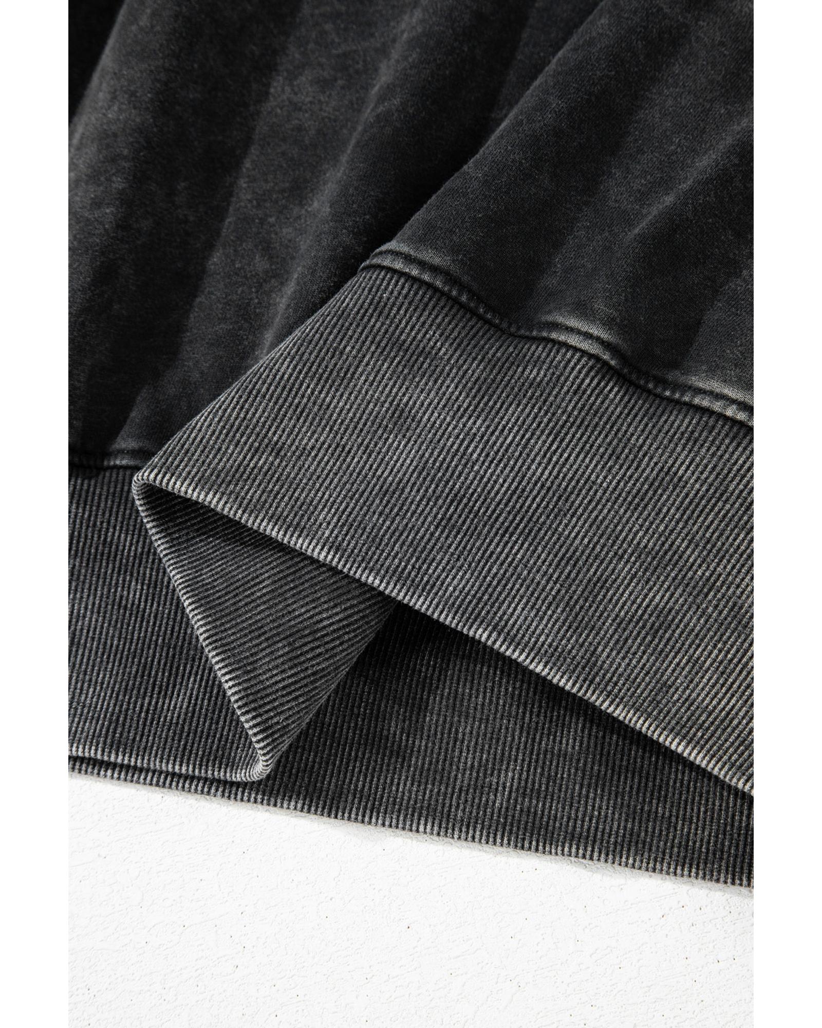 Black Solid Snap Buttons Collared Balloon Sleeve Oversized Sweatshirt - Image 4