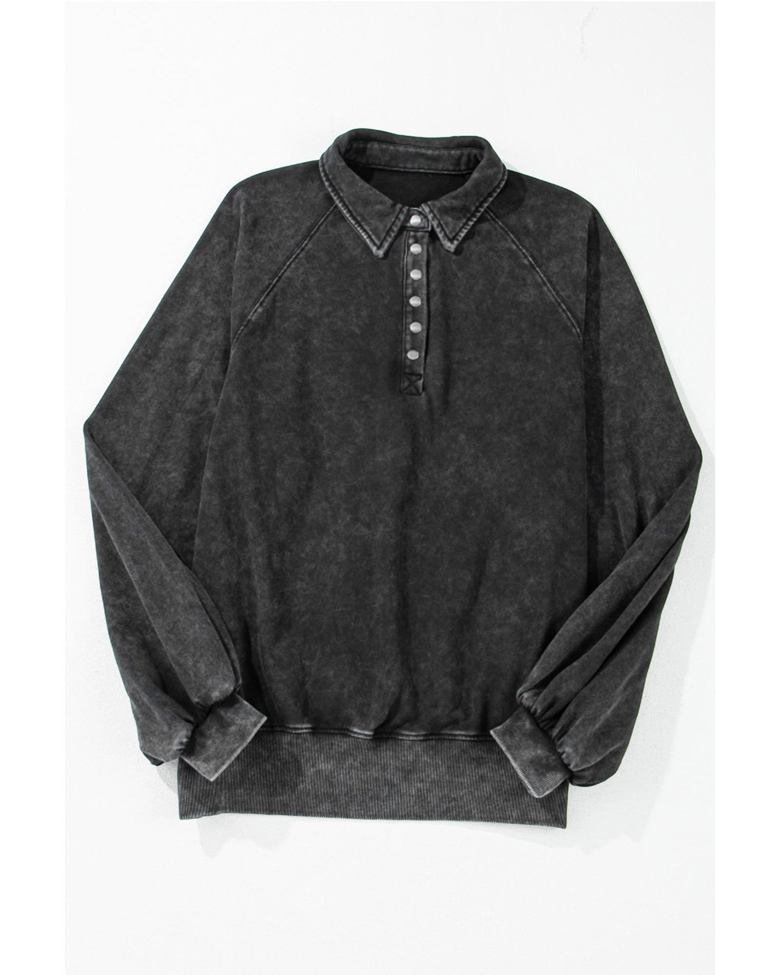 Black Solid Snap Buttons Collared Balloon Sleeve Oversized Sweatshirt - Image 5