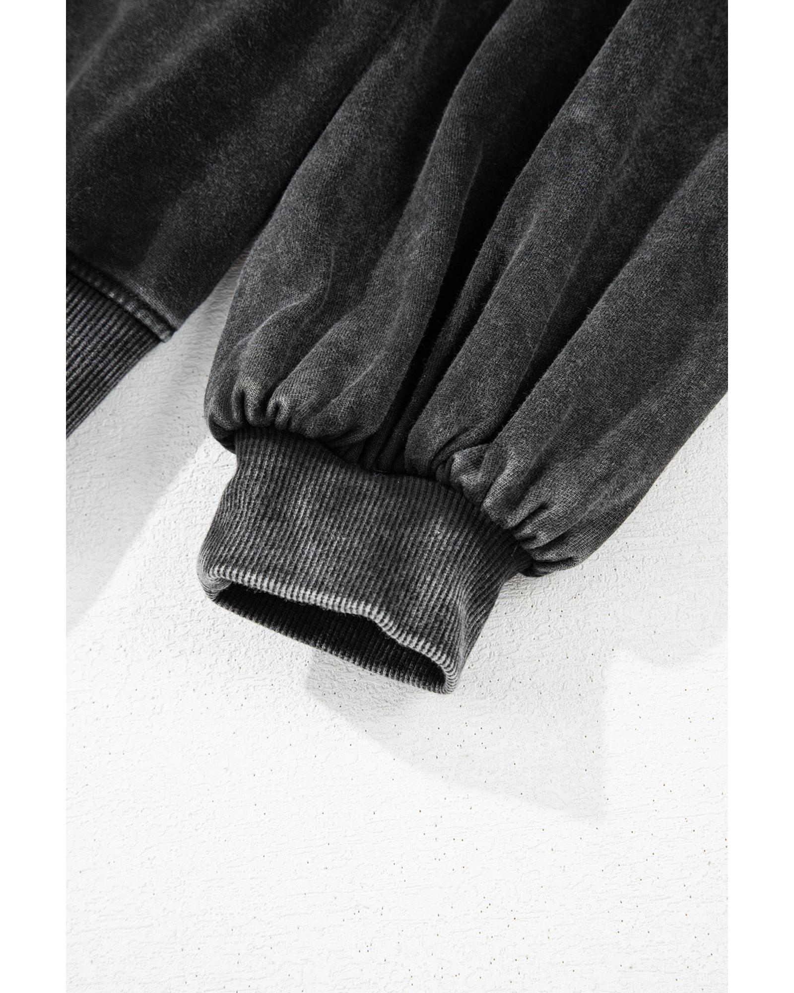 Black Solid Snap Buttons Collared Balloon Sleeve Oversized Sweatshirt - Image 6