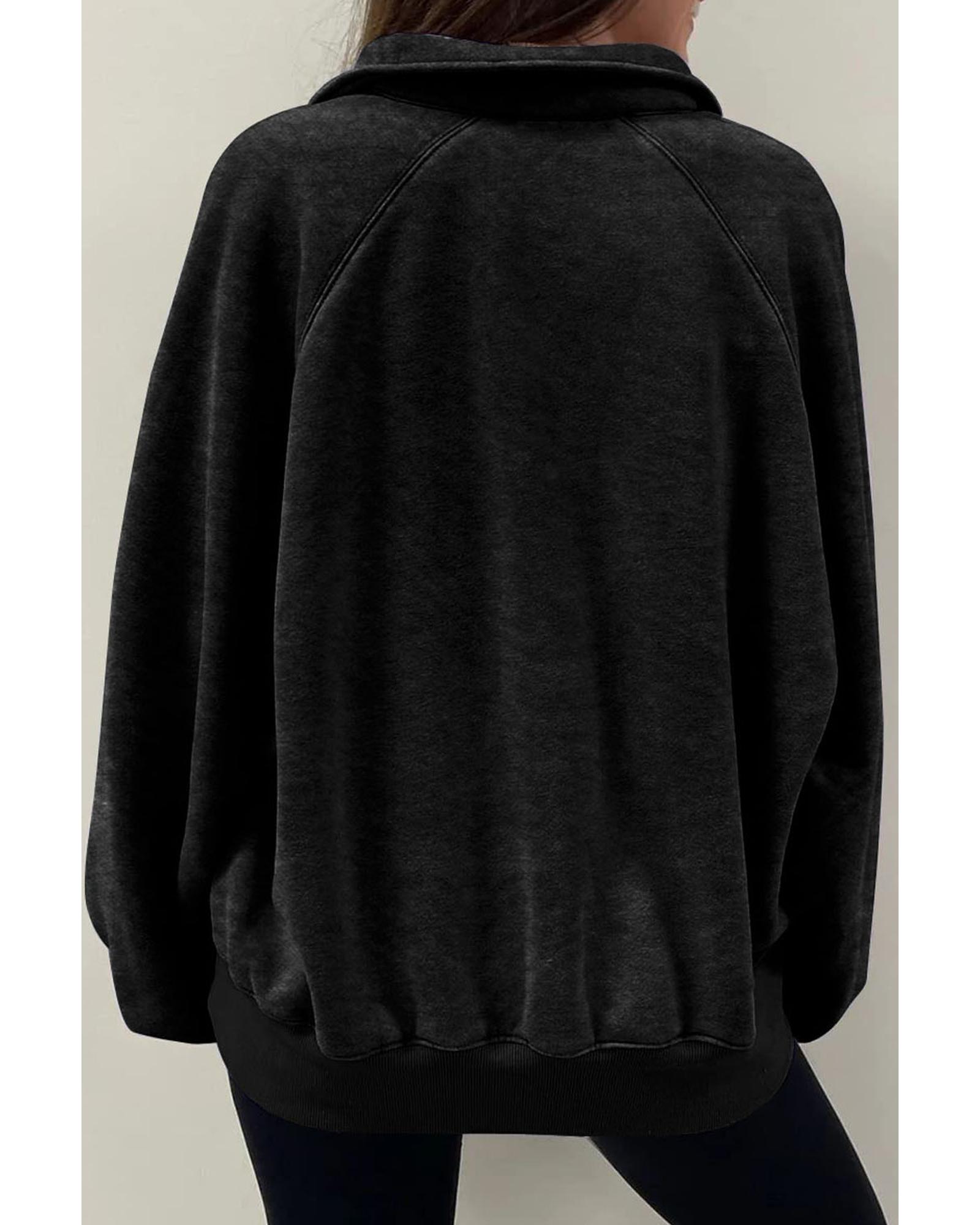 Black Solid Snap Buttons Collared Balloon Sleeve Oversized Sweatshirt - Image 7