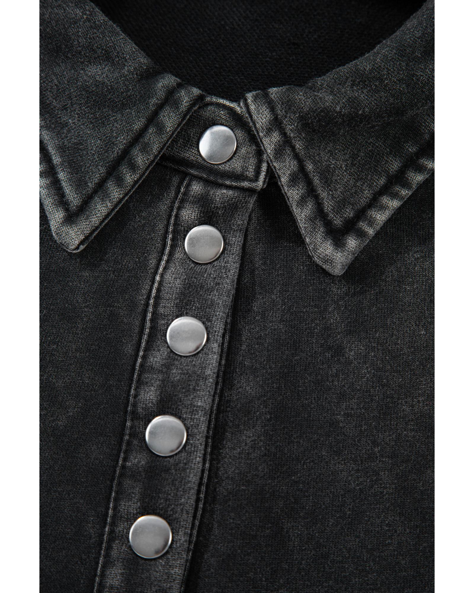 Black Solid Snap Buttons Collared Balloon Sleeve Oversized Sweatshirt - Image 8