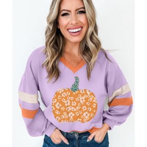 Orchid Bouquet Halloween Floral Pumpkin Color Block V Neck Sweatshirt