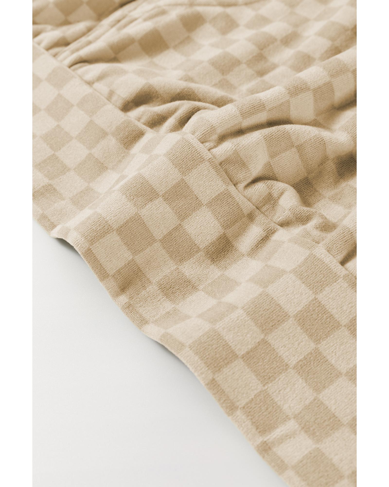 Khaki Checkered Print Kangaroo Pocket Drawstring Hoodie - Image 2