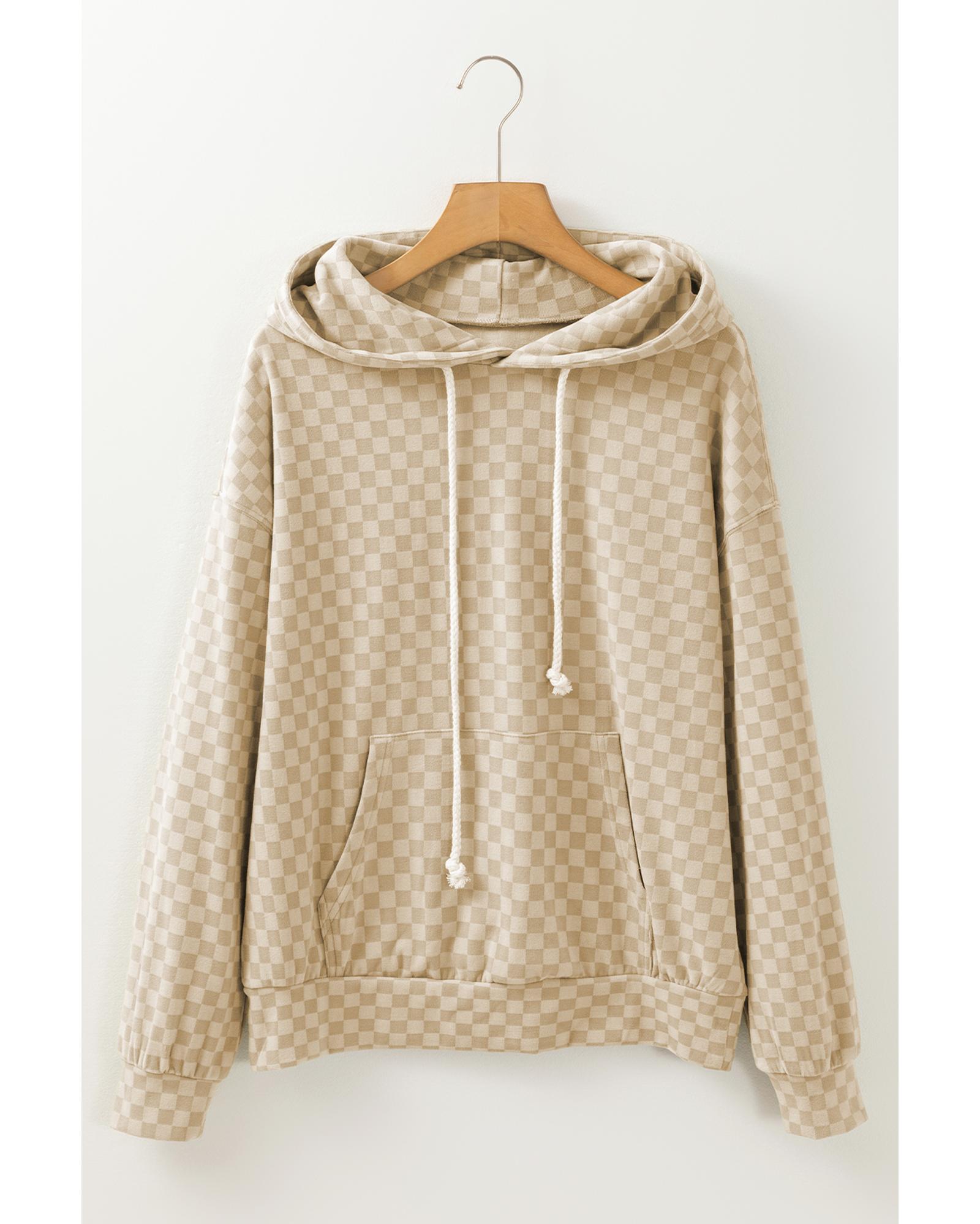 Khaki Checkered Print Kangaroo Pocket Drawstring Hoodie - Image 3