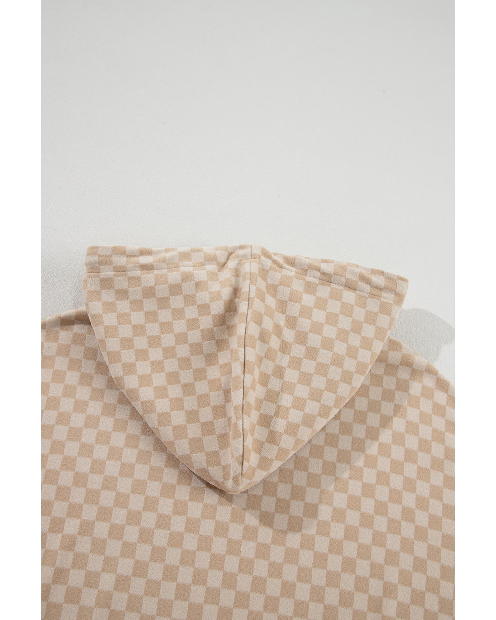 Khaki Checkered Print Kangaroo Pocket Drawstring Hoodie - Image 4