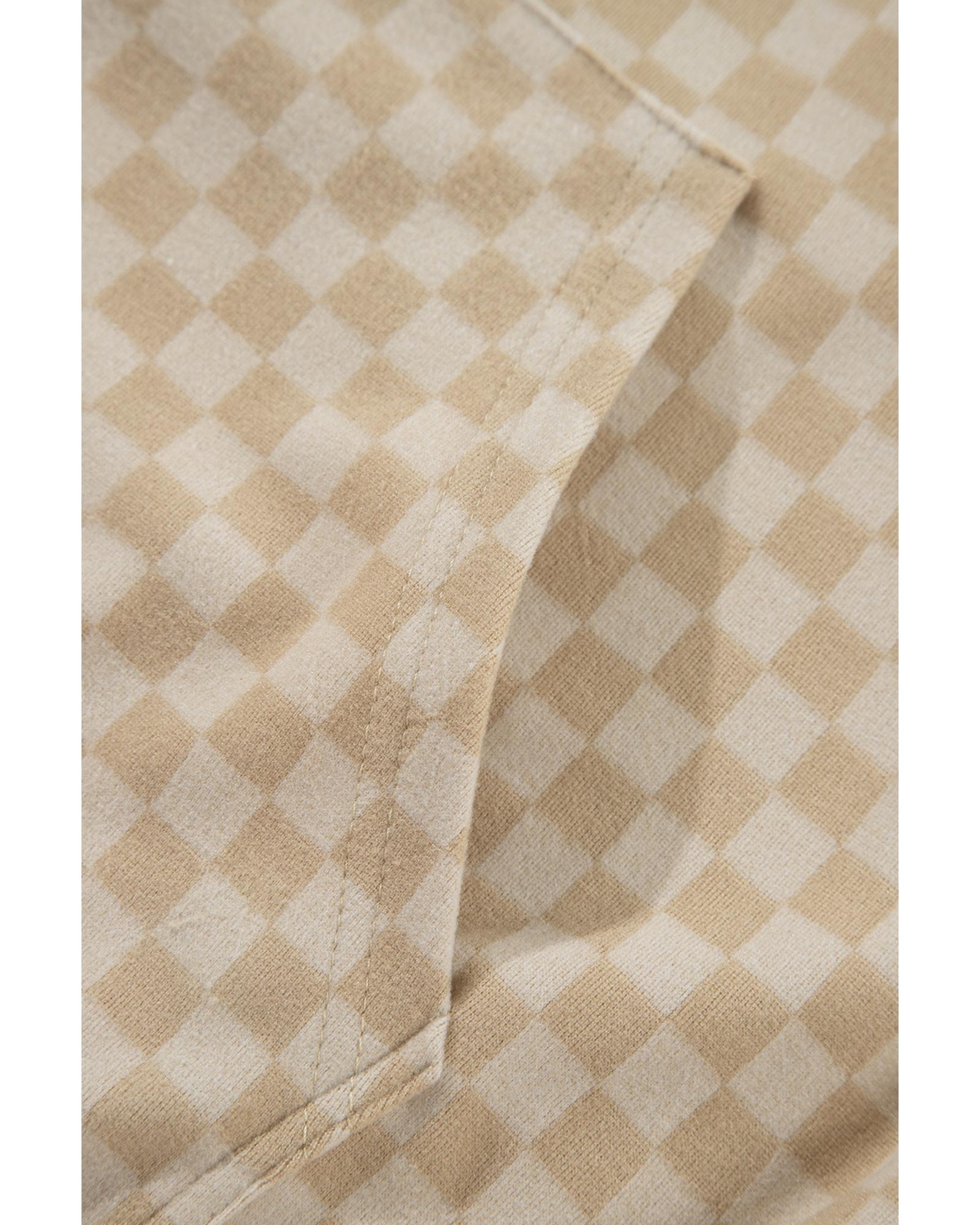 Khaki Checkered Print Kangaroo Pocket Drawstring Hoodie - Image 6