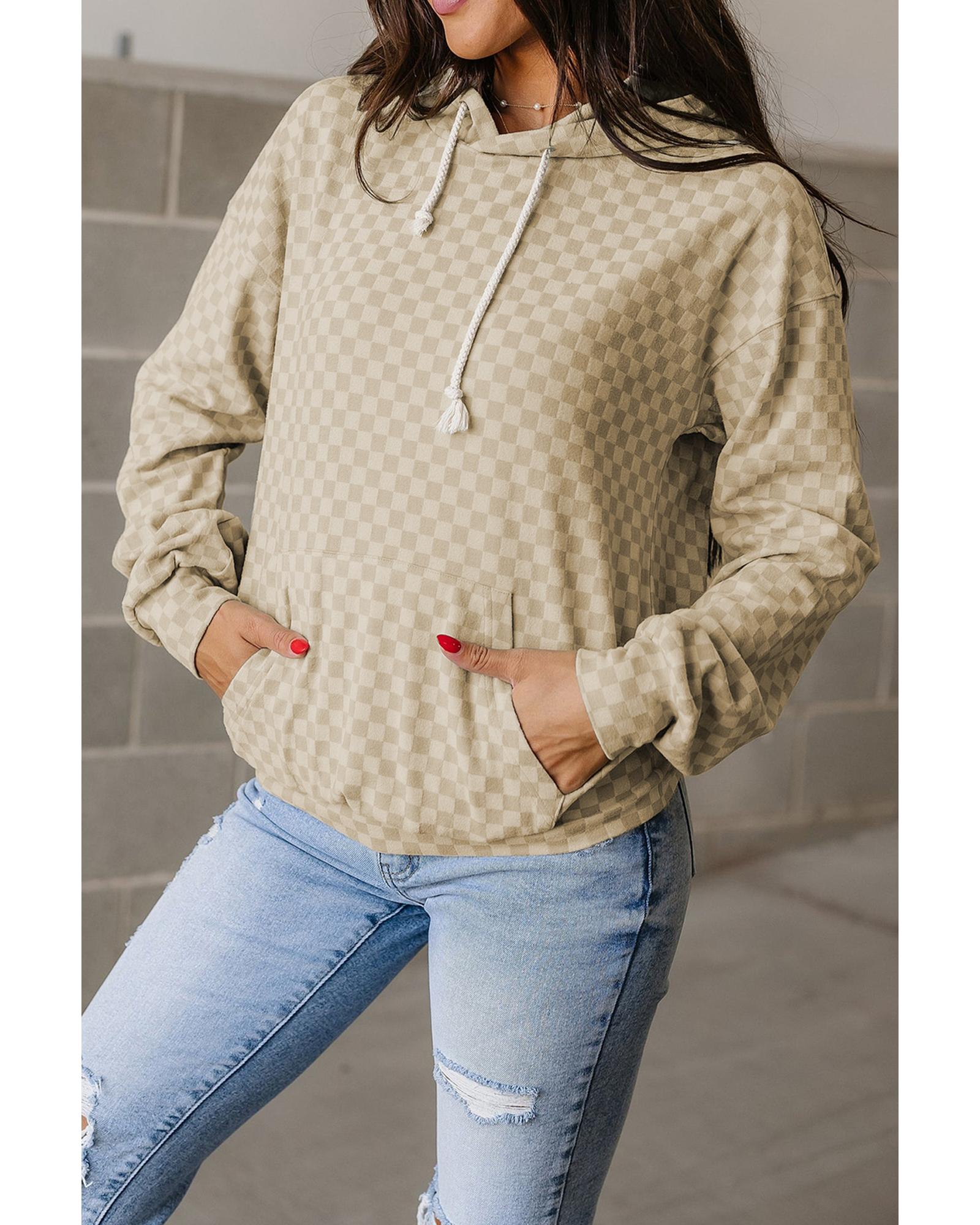 Khaki Checkered Print Kangaroo Pocket Drawstring Hoodie - Image 8